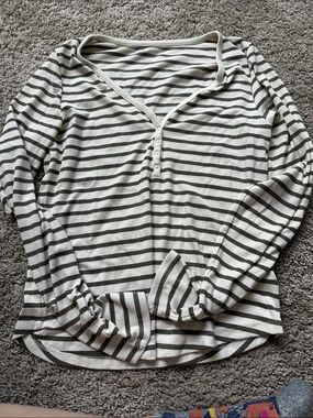 American Eagle Outfitters Cream & Olive Stripe Henley Long-Sleeve Top